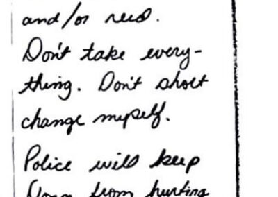 Notes that Linda took, probably after a conversation with her lawyer.